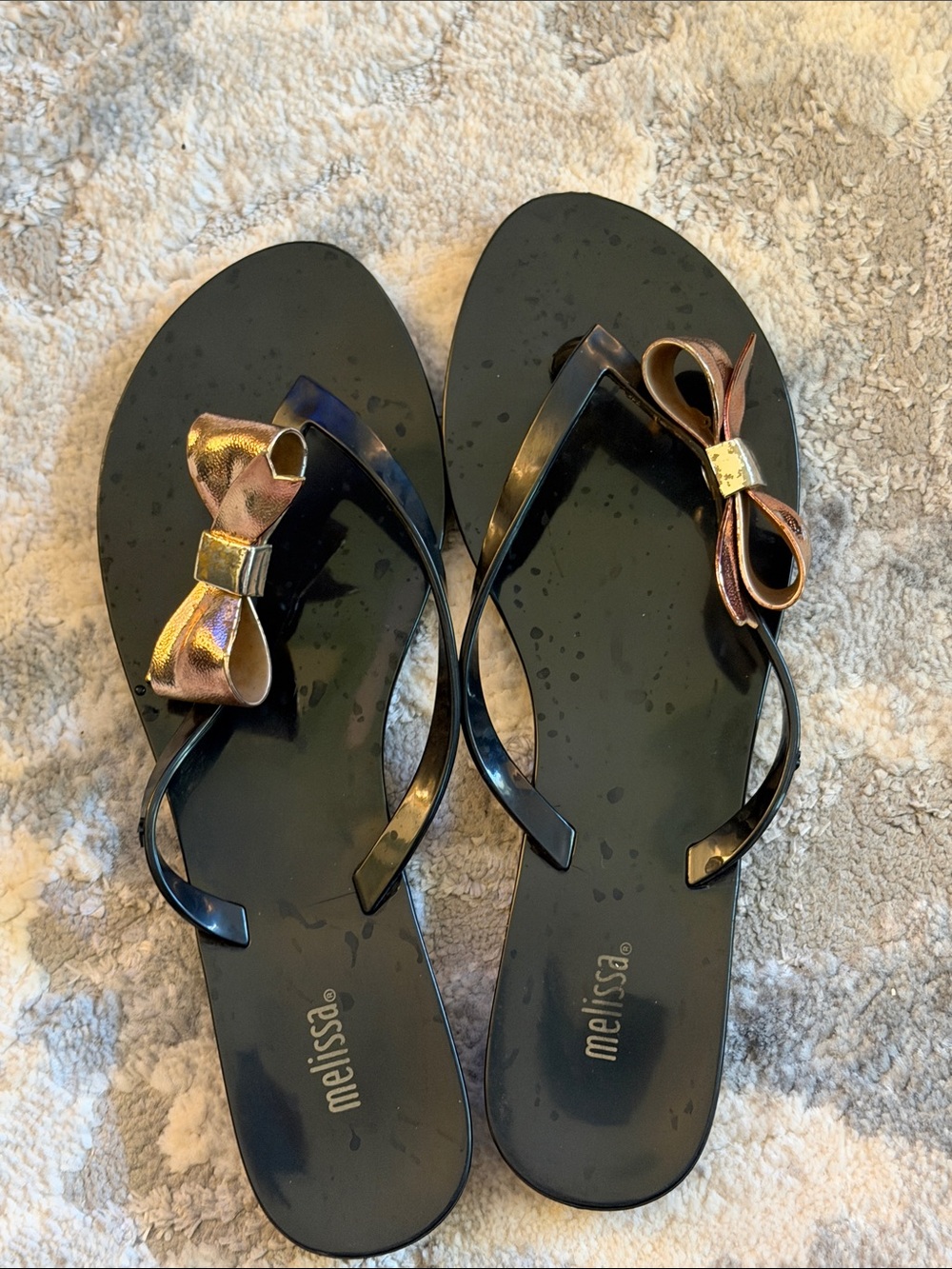 Melissa Black Jelly Sandals with Metallic Rose Bow Accent